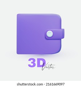 3D minimal wallet icon. Saving money concept. Violet purse isolated on white.