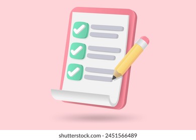 3d minimal white clipboard task management todo check list, posting plan on white background, paper clipboard task management todo check list with pencil, level up concept, 3d pencil note