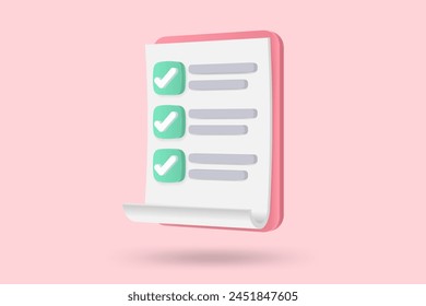 3d minimal white clipboard task management todo check list, posting plan on pink background, paper clipboard task management todo check list, level up concept, productivity checklist 3d icon