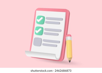 3d minimal white clipboard task management todo check list, posting plan on white background, paper clipboard task management todo check list with pencil, level up concept, 3d pencil note