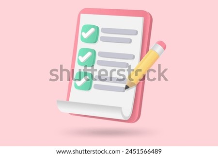 3d minimal white clipboard task management todo check list, posting plan on white background, paper clipboard task management todo check list with pencil, level up concept, 3d pencil note