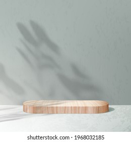 3D Minimal Wooden Podium againts concrete wall natural color with eucalyptus shadows for product display, presentation, pedestal. Realistic vector wood rounded podium