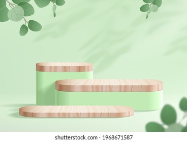 3D Minimal Wooden Podium In Green Background For Product Display With Eucalyptus Leaves And Shadows. Realistic Stage Pedestal Vector For Natural Product Presentation.