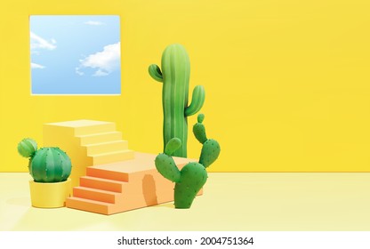 3d minimal yellow scene design with stair stage and cactus pots. Background suitable for summer product display.