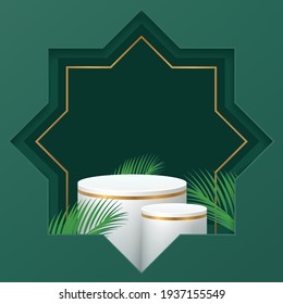 3d Minimali Islamic Platform in green background with dates leaf and golden lines. Cylinder podium for product display, ramadan, presentation, cosmetic, base, stage.