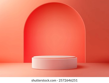 3D minimalist coral toned scene with a white round podium set against a curved backdrop. Perfect for modern product displays, mockups, branding, and creative showrooms