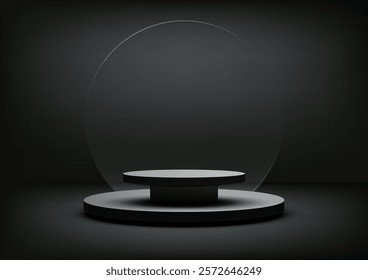 3D minimalist design features a black podium with translucent circle. Ideal for product displays, luxury branding, and refined mockup presentations.