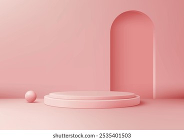 Cena rosa minimalista 3D com um pódio circular e uma esfera é projetado para exposições de produtos modernos e maquetes. O interior pastel com uma porta arqueada