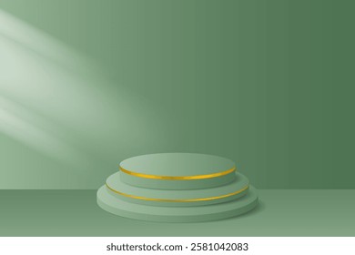 3D minimalist podium with gold accents, pastel green background. Elegant display stage for product presentation, branding or promotional design.