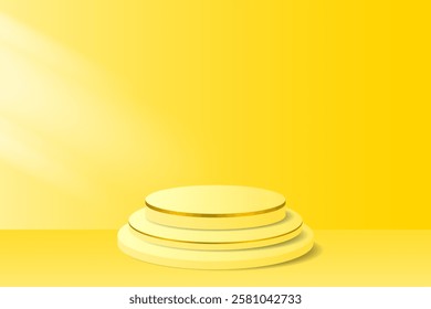 3D minimalist podium with gold accents, yellow background. Elegant display stage for product presentation, branding or promotional design.