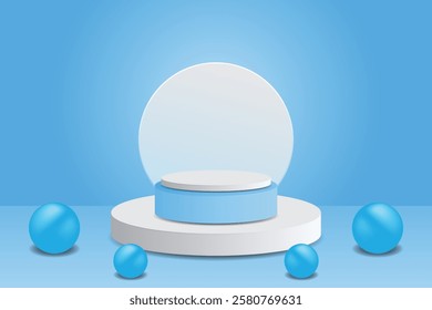 3D minimalist podium in shades of blue and white, surrounded by decorative balls. Elegant design for product presentation, branding or visual promotion.