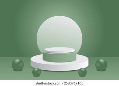 3D minimalist podium in shades of green and white, surrounded by decorative balls. Elegant design for product presentation, branding or visual promotion.