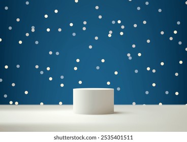 3D minimalist product display a circular white podium set against a dark blue backdrop with scattered bokeh lights. The sleek design and festive concept for modern showrooms