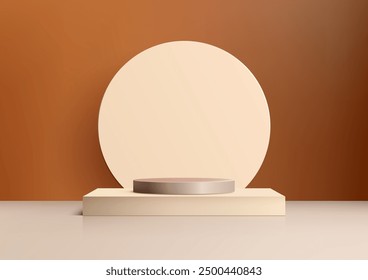 3D minimalist product display featuring a beige podium with a brown background and a large beige circle. Ideal for elegant mockups, showroom displays, and stylish presentations
