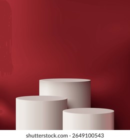 3D minimalist scene with three white cylinder podiums on a deep red background, ideal for showcasing products in a modern display or branding template for commercial use