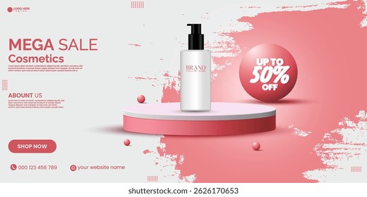 3D minimalist social media cosmetics product sale promotional banner design template with pink color and brush effect. Abstract product sale display presentation background design vector. Pink poster.