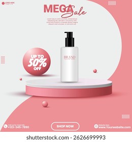 3D minimalist social media cosmetics product sale promotional poster design vector. Product showcase design template. Empty studio backdrop background design with cosmetics product. Social media ads. 