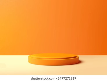 3D Minimalist Vibrant Orange Podium Against Bright Orange Wall, Modern Product Display Mockup for Showroom Showcase