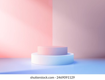 Podio blanco y pastel minimalista 3D con fondo rosa y azul, maqueta de exhibición moderna del Producto para el escaparate de la sala de exposición