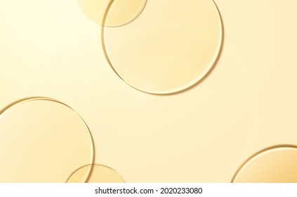 3d minimalist yellow backdrop. Illustration of glass disks in top view for light-textured cosmetic product display