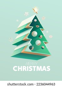 3D minimalistischer Weihnachtsbaum mit Dekoration. Neues Jahr Grußkartendesign.