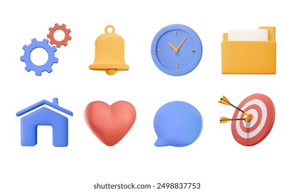 Estilo minimalista 3D para la interfaz de aplicaciones y conjunto de iconos de páginas de Web. Ilustración 3D realista. Engranajes, reloj, objetivo, carpeta y burbuja parlante. Diseño de Ui, Elementos. Símbolos de Vector 3D