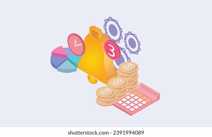 3d minimalnotification bell icon with bubble speech floating around. new alert concept for social media element. 3d bell alarm icon for message.on pastel purple background.