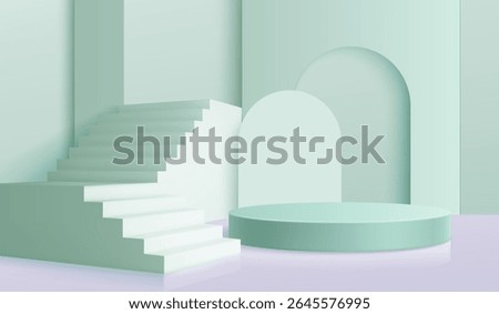 3D mint green podium scene with stairs, circular platform, arch backdrop elements for product showcase, minimalist interior design, beauty cosmetics display or modern architectural visualization.
