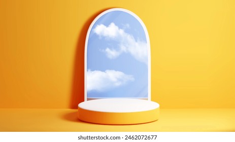 3d mirror product podium background with blue sky. Yellow display platform render for cosmetic showcase with arch. Minimal realistic circle stand and wall in empty room. Modern mockup for presentation