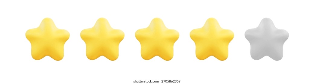 3D mixed rating row with soft yellow stars and a single grey star isolated on white background