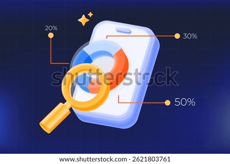 3d mobile analytics illustration with percentage pie chart and magnifying glass. data analysis, business insights and SEO dashboard. vector illustration