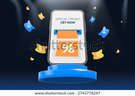 3d mobile app podium promo banner with orange coupon promotion discount, for limited offer store, online shopping form store