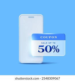 3d mobile coupon in front of a blank white screen smartphone with coupon code, percent price off, isolated on blue background. Gift voucher smartphone scan icon in 3d vector