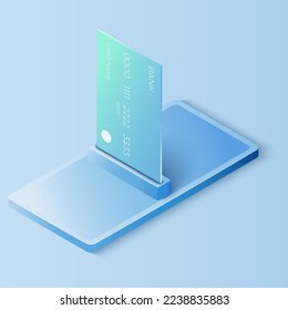 Teléfono móvil 3D con tarjeta de crédito.  Fondo de ilustración de vectores