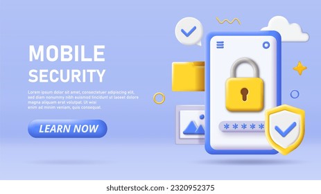 3D mobile data security vector concept. Verification and authorization in profile or account. Security and hack protection, authentication. Cyber protection and safety. Isometric illustration