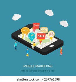 3d mobile digital marketing concept. Isometric smartphone with map and tags. Tiny people with shopping bags, purchases. Vector illustration