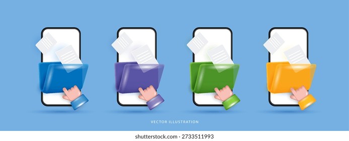 Conjunto de iconos de administración de archivos móviles 3D. Carpeta táctil realista de la mano en la pantalla del teléfono inteligente con documentos para el almacenamiento de datos, Archivar digital e interfaz de computación en la nube. Ilustración vectorial.