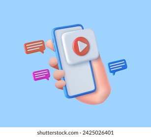 3d Mobile icon playing video, wireless media connection. social media with live streaming on mobile phone in holding hand. 3d rendering. Vector illustration