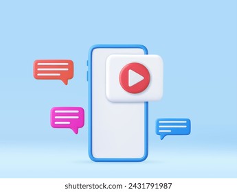 3d Mobile icon playing video, wireless media connection. social media with live streaming on mobile phone. 3d rendering. Vector illustration