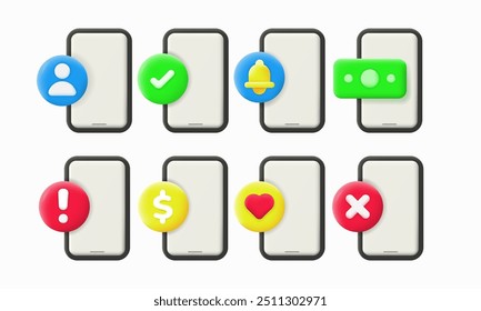 3d mobile icons including user checkmark notifications money alert dollar heart and cross