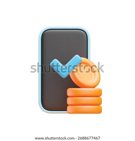 3D mobile payment icon. Realistic smartphone, coin stack and check mark. Symbol of successful transaction. Transfer money, online payment, phone banking concept. Vector illustration isolated on white