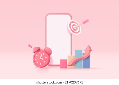 3D mobile phone with alarm clock and graph trading for banking. Fund growing business finance concept, 3d money notification online payment. 3d money trading on mobile phone vector render illustration