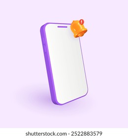 3D mobile phone with a alert bell. Push notifications for reminders or social media updates. Perfect for newsletter alerts and communication designs. 3D vector illustration.