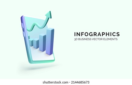 Teléfono móvil 3D con flecha hacia arriba y gráfica. Gestionar dinero usando teléfono móvil o aplicación. Comercio de inversión financiera. Depósito bancario y financia beneficios o inversiones. Ilustración del vector