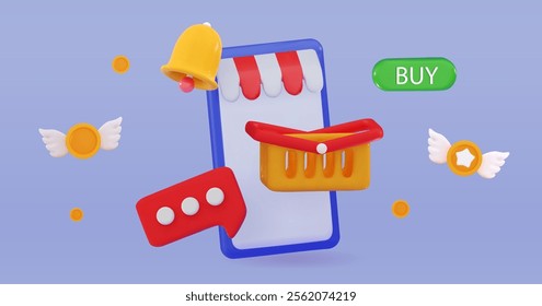 3d mobile phone with basket and promotion tag discount coupon Special offer promotion Рayment and delivery business concept