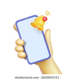 3D Mobile phone with a bell notification. Reminder on smartphone screen New message notification. Push reminder. Human hand hold mobile phone with newsletter subscription. Cartoon 3D Vector illustrati