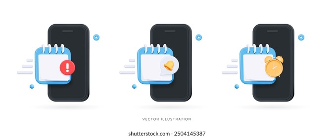 3D Mobile Phone with Blue Calendar and Notifications. Speech bubble with bell, alarm clock and exclamation mark. Alert for business planning and events. Cartoon design icon set. 3D Vector Illustration