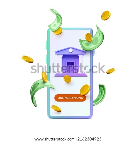 3D mobile phone with business app. Falling coins and dollars. Online banking concept or exchange service. Vector illustration