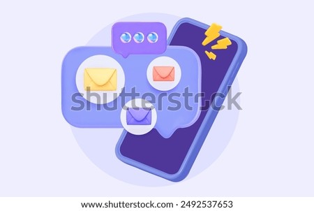 3D mobile phone with chat dialogues and notifications. For SMS, emails, and social media notifications  concept
