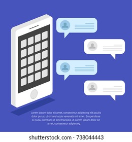 3d mobile phone chat message notifications vector illustration isolated on color background
